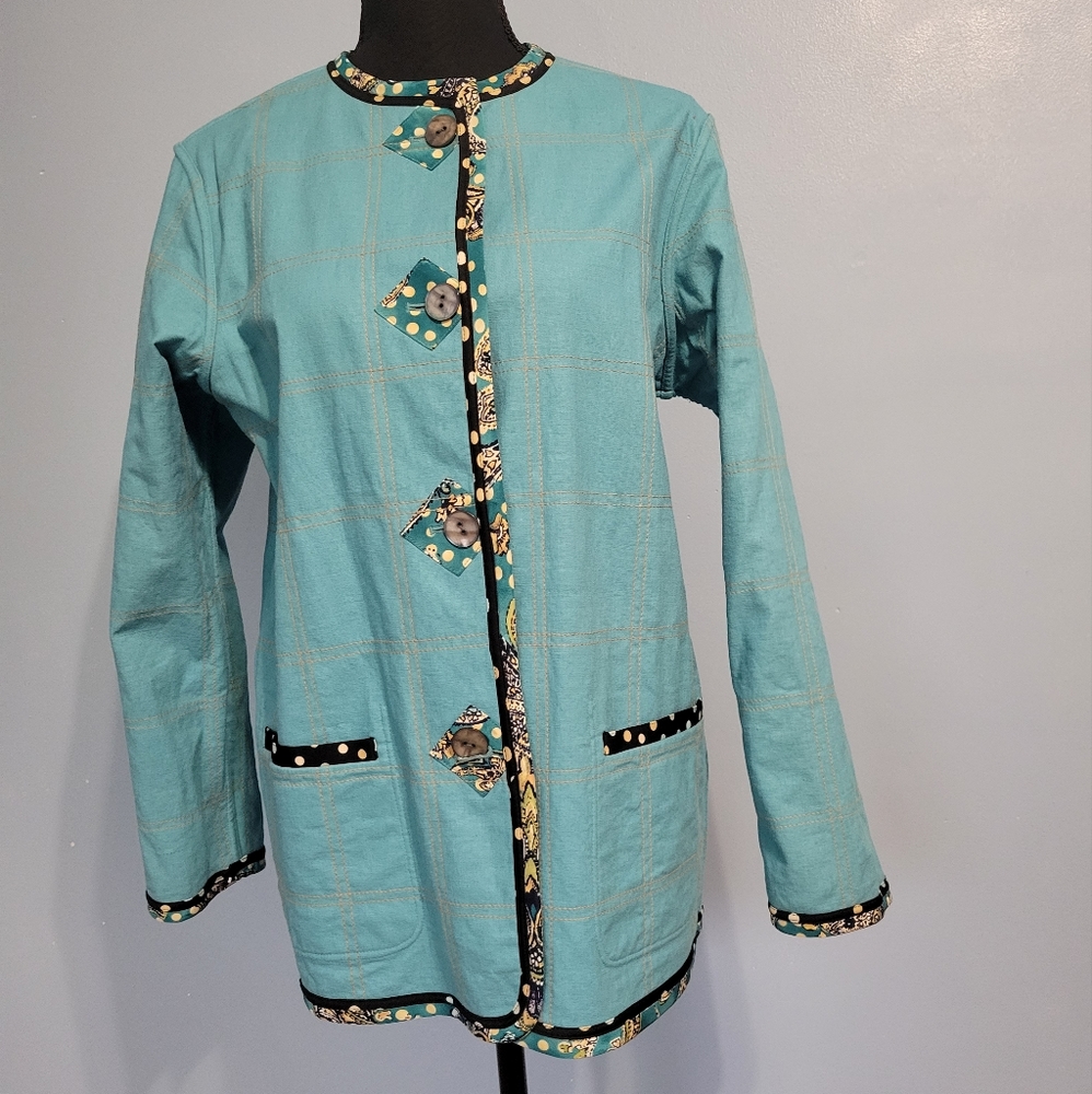 Reversible Teal Women's Cardigan with Floral Accents